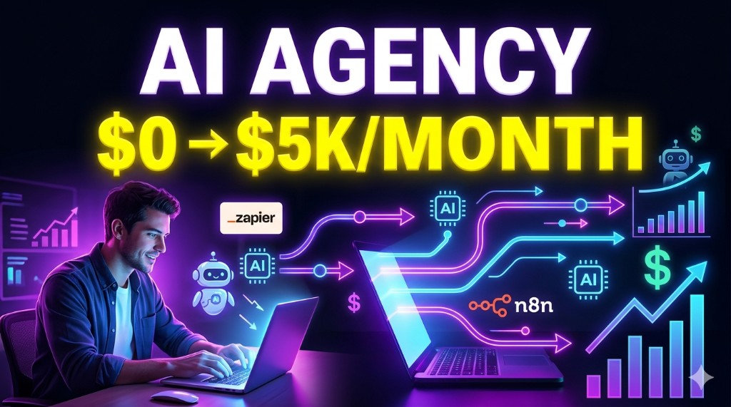 AI automation agency — n8n and Zapier workflows, entrepreneur with laptop, income growth