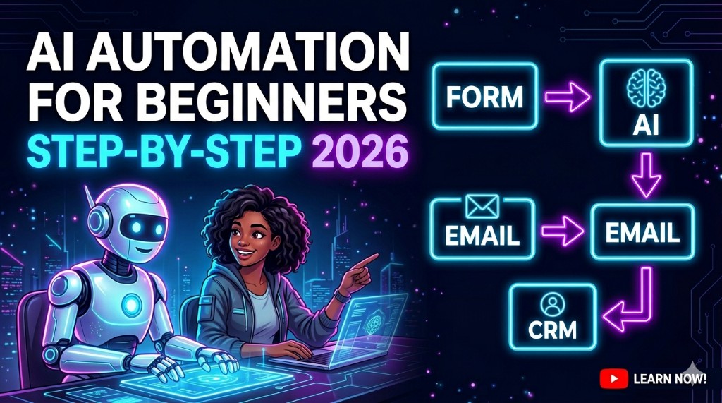 AI automation for beginners step-by-step 2026 — person and robot at laptops with flowchart from form to AI, email, and CRM