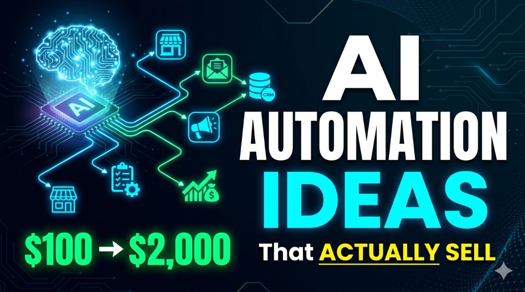 AI automation ideas that actually sell — central AI chip connecting to CRM, email, retail, and growth icons; $100 to $2,000 pilot range
